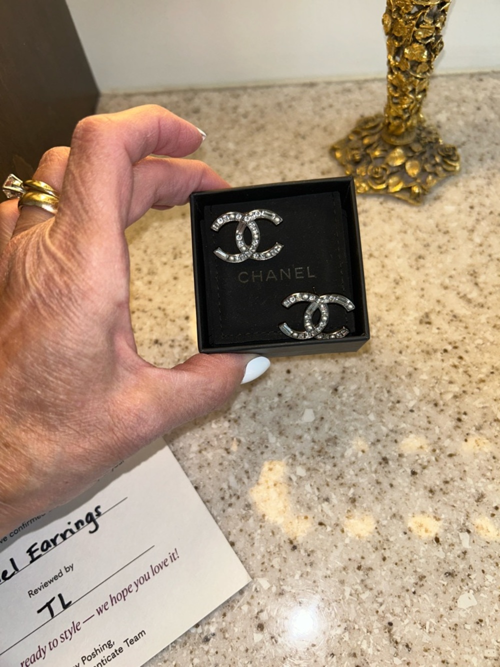 CHANEL Silver CC Crystal Logo Earrings - Picture 14 of 15